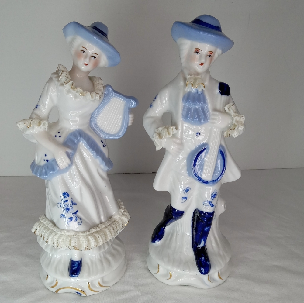Vintage Porcelain Colonial Victorian Woman Man Playing Instruments Figurines